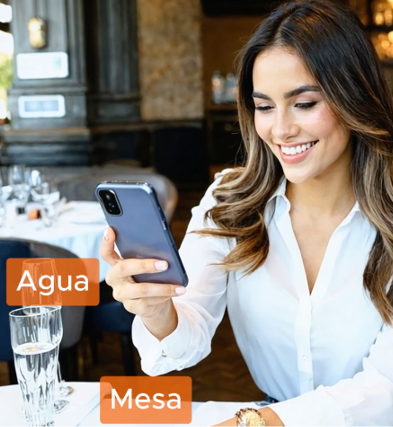 Woman traveler using the app to identify a glass of wine, plate, and table in Spanish